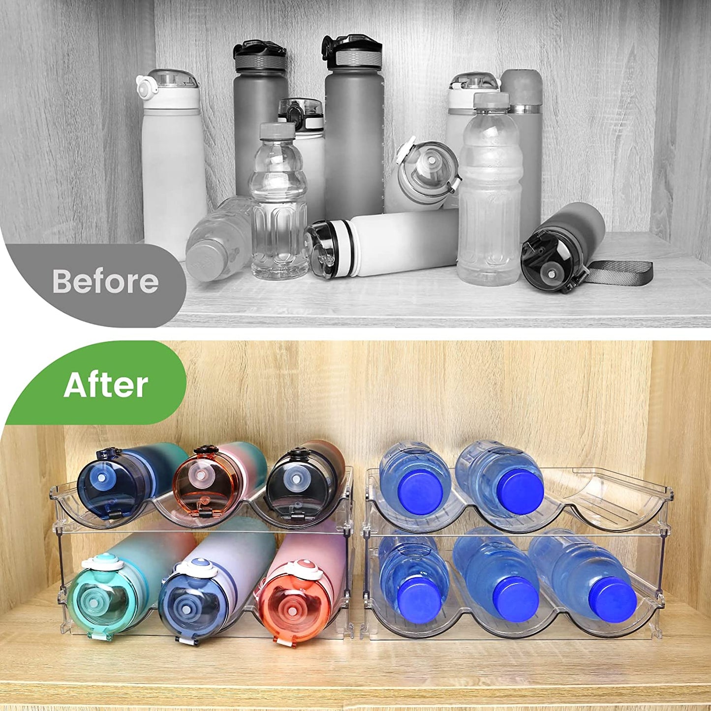 Stay organized with this 2-pack stackable water bottle storage rack – perfect for cabinets, pantries, countertops, or refrigerators.