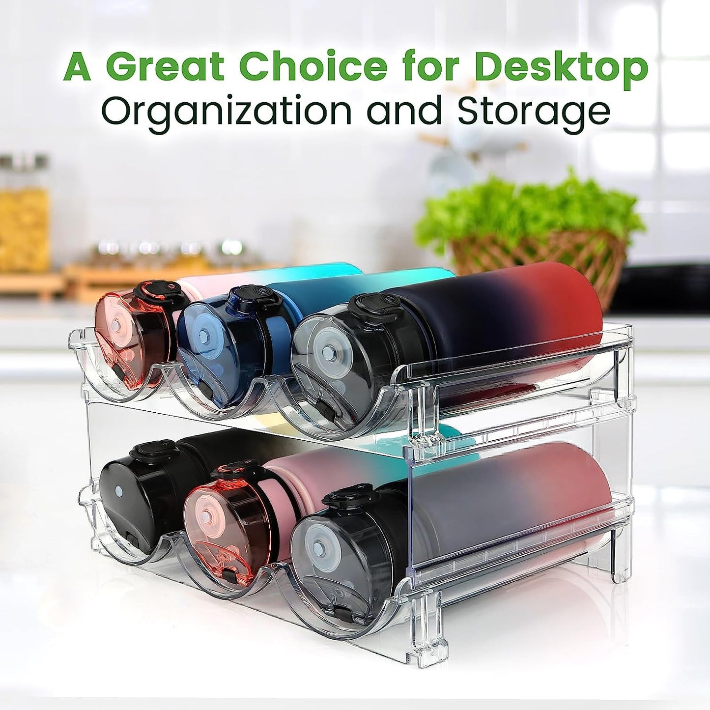 Stay organized with this 2-pack stackable water bottle storage rack – perfect for cabinets, pantries, countertops, or refrigerators.