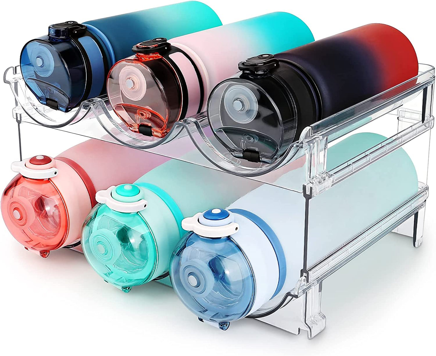 Stay organized with this 2-pack stackable water bottle storage rack – perfect for cabinets, pantries, countertops, or refrigerators.