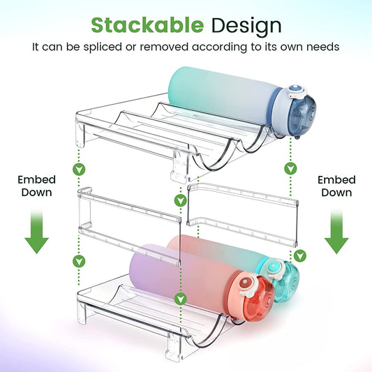 Stay organized with this 2-pack stackable water bottle storage rack – perfect for cabinets, pantries, countertops, or refrigerators.